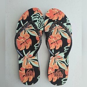 Reef Black and Orange Sandals with Bold Design Size 8